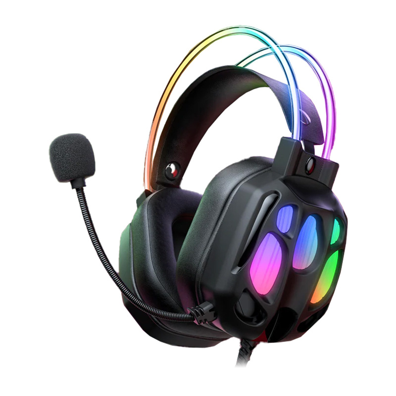 Cuffie da gioco nere con microfono e luci RGB colorate sull'archetto e sui padiglioni auricolari.