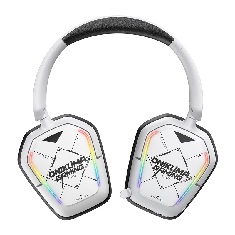 Cuffie da gioco Onikuma bianche con archetto nero e strisce luminose RGB colorate sui padiglioni.