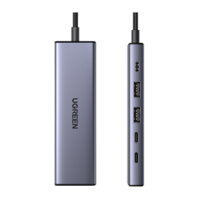 Szary hub USB-C UGREEN z wieloma portami pokazany od przodu i z boku.
