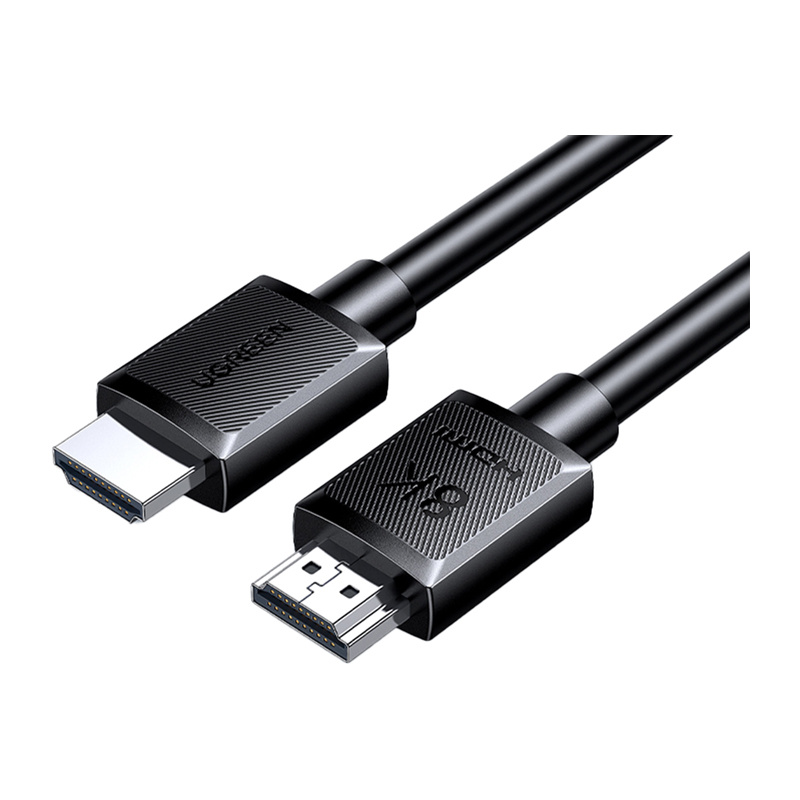 Due cavi HDMI neri con connettori metallici con impugnature strutturate e pin dorati su sfondo bianco.