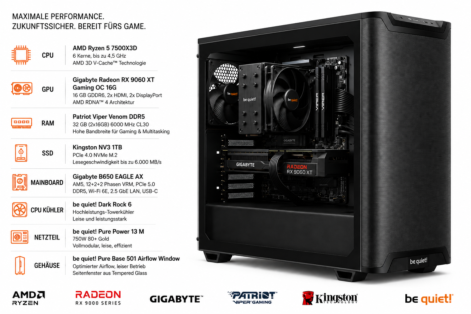 Ein schwarzes Gaming-PC-Gehäuse mit sichtbaren Innenkomponenten und technischen Daten links.