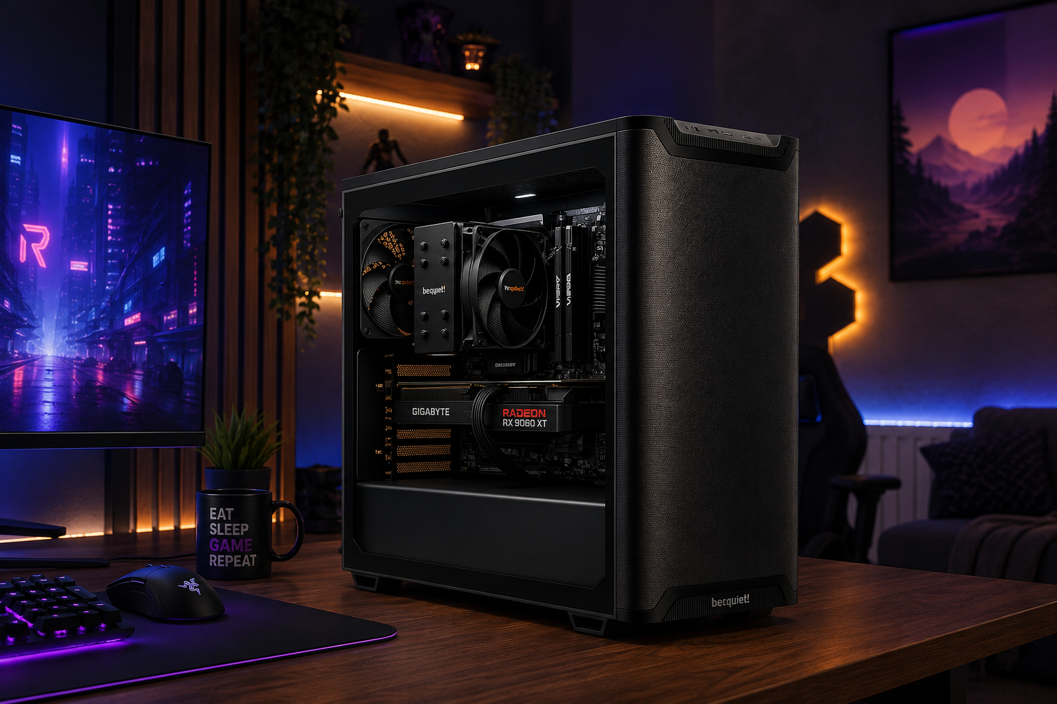 Ein schwarzer PC steht auf einem Holzschreibtisch mit Tastatur, Maus und einer Tasse mit der Aufschrift 'Eat Sleep Game Repeat'.