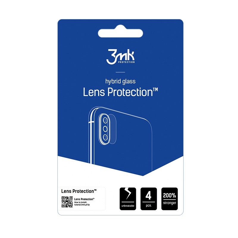 Confezione di protezione per lenti in vetro ibrido 3mk blu con grafica del telefono, codice QR, infrangibile, 4 pz e 200% più forte.