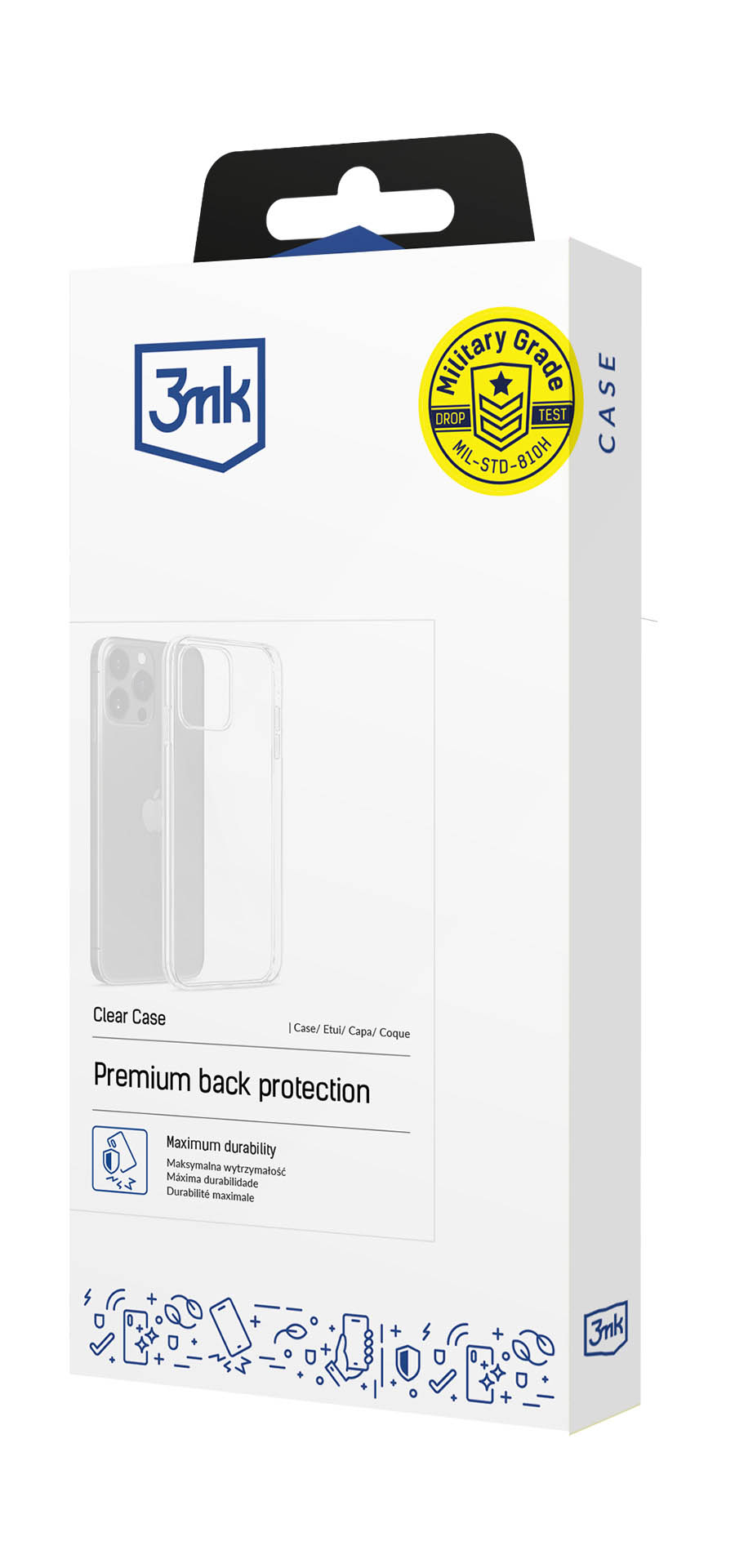 Weiße Verpackung für eine transparente Handyhülle mit Militärgrad-Logo und Text.