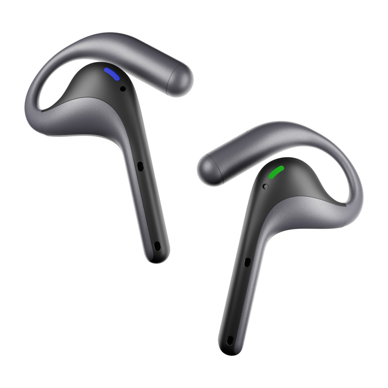 Dos auriculares inalambricos grises con ganchos para las orejas sobre fondo blanco.