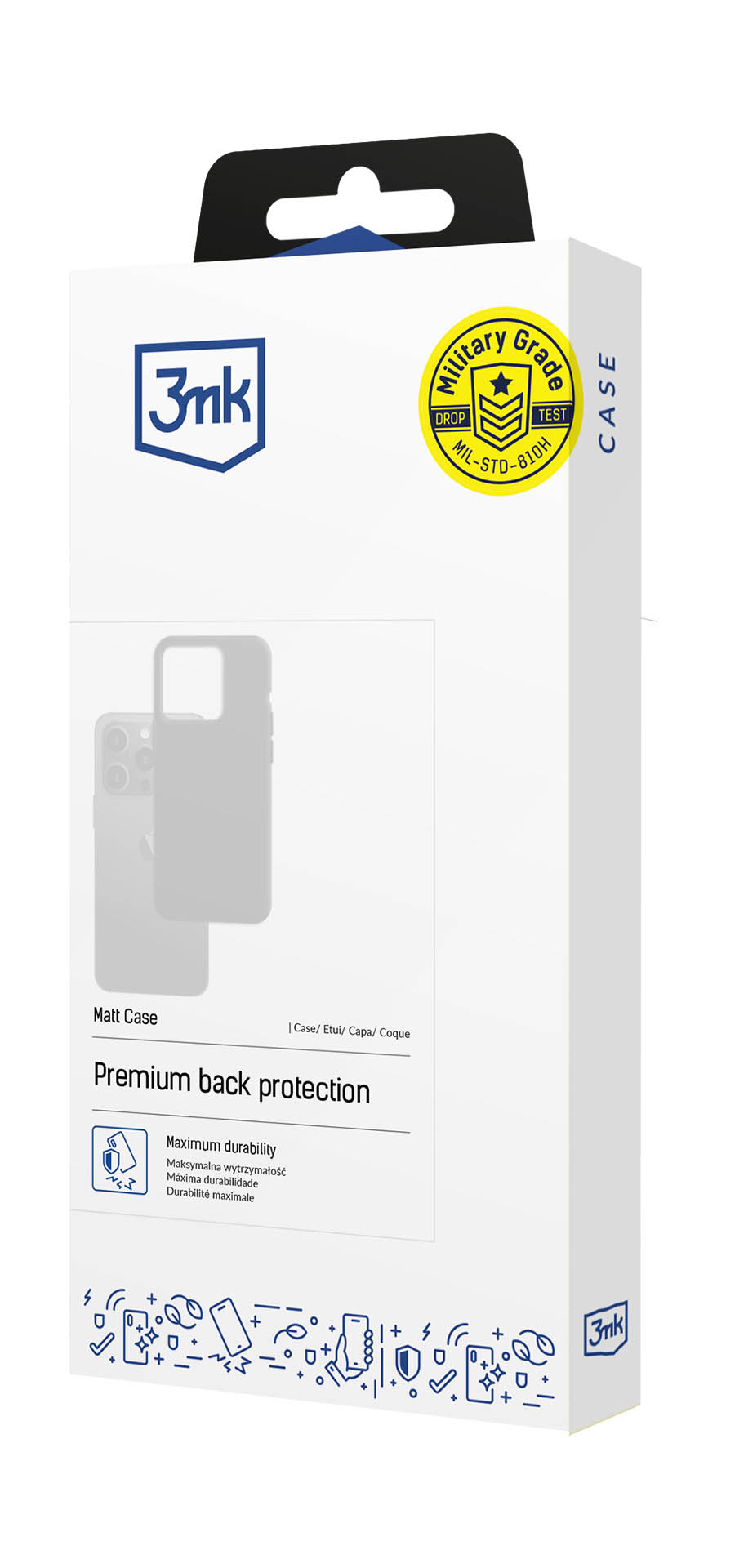 Scatola bianca per 3mk Matt Case con badge di test di caduta militare e grafica.