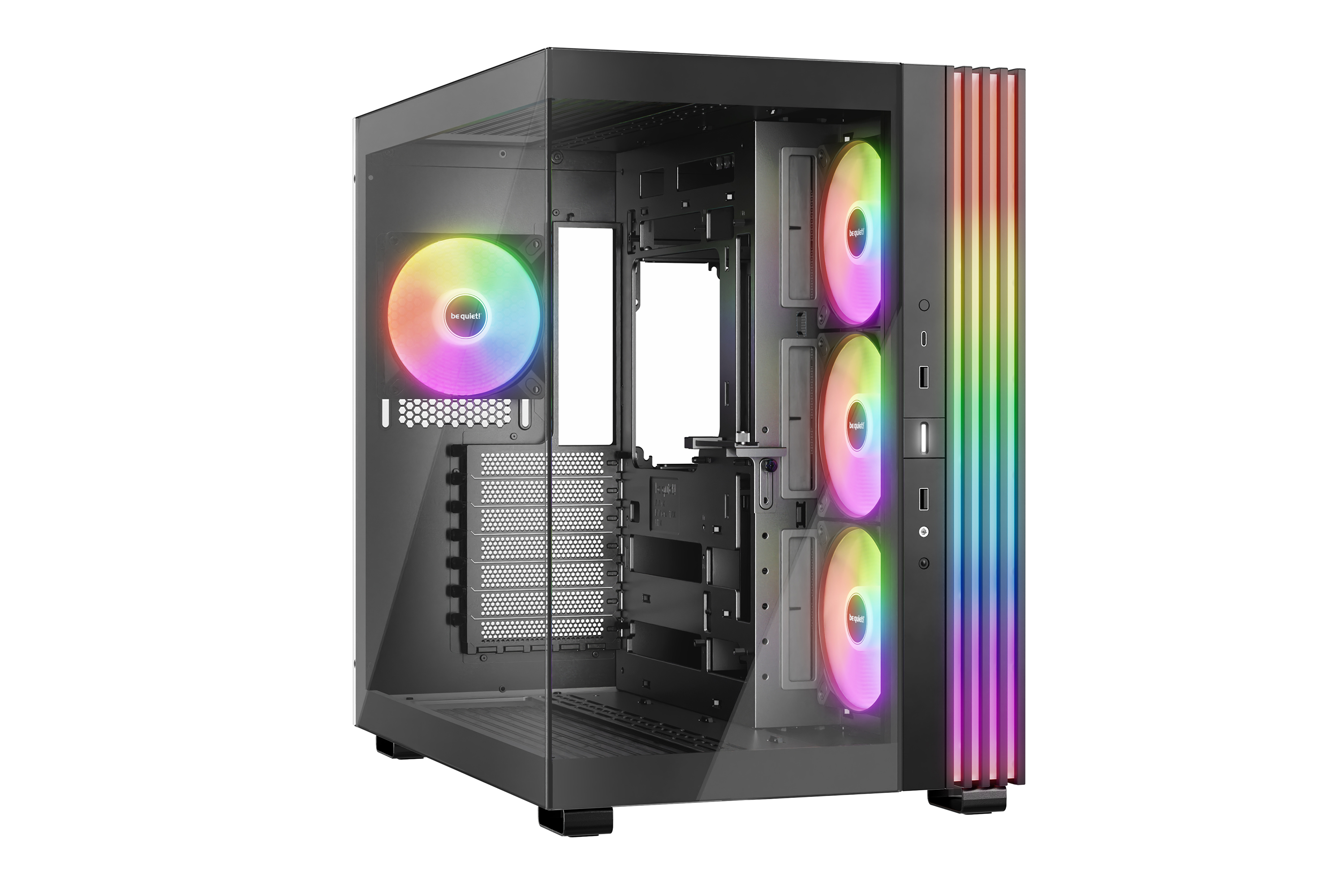 Schwarzes PC-Gehäuse mit Glasfront, drei RGB-Lüftern und vertikalen bunten Leuchtstreifen.