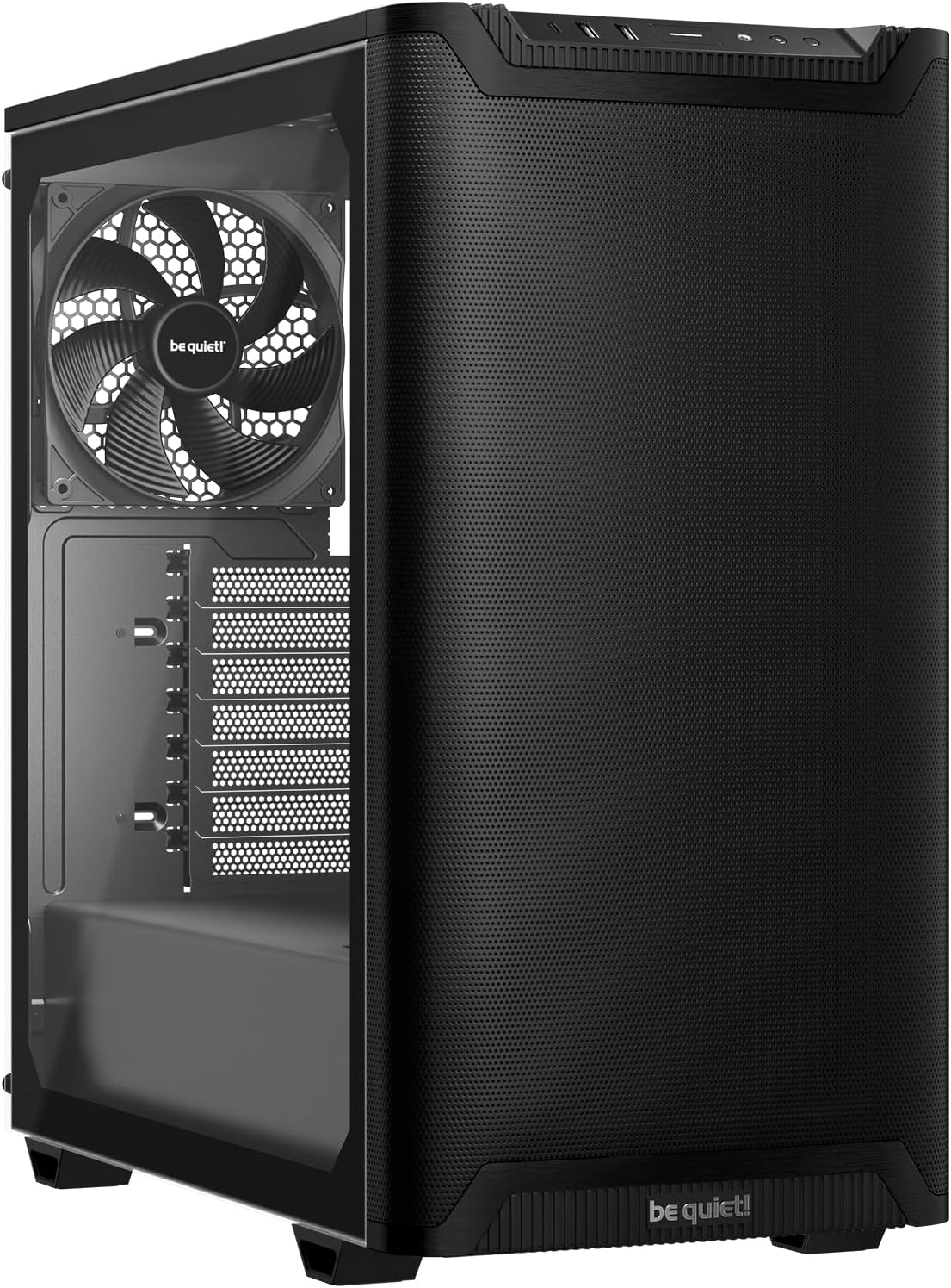 Schwarzes PC-Gehäuse mit Mesh-Front, Seitenfenster und integriertem Lüfter.
