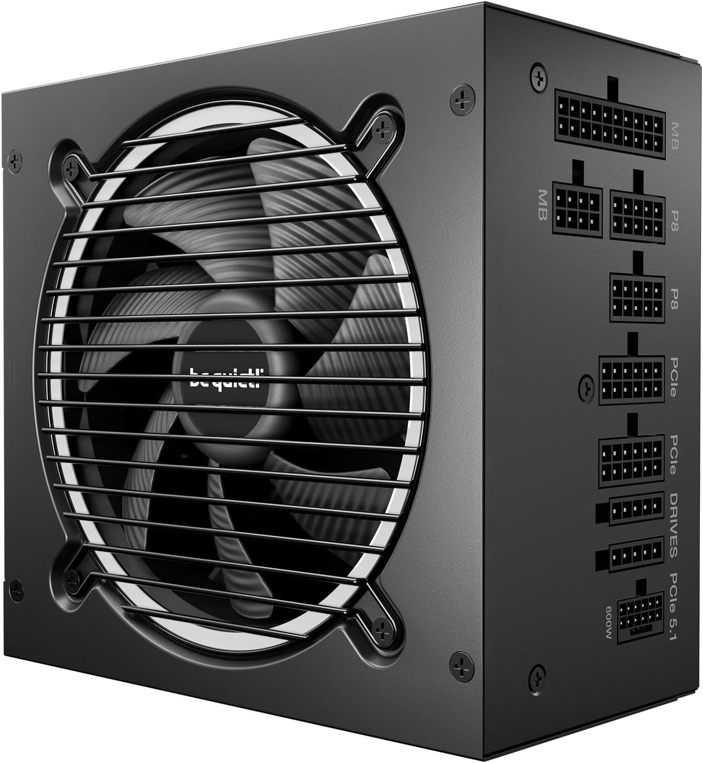 Schwarzes PC-Netzteil mit grossem Lüftergitter und vielen modularen Anschlüssen an der Seite.