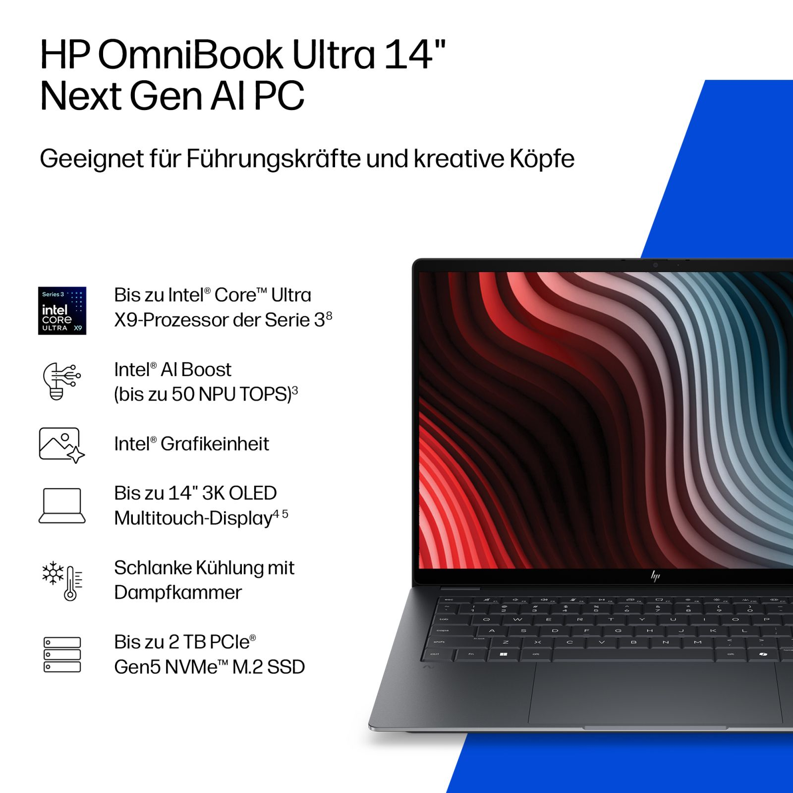 Werbebild für das HP OmniBook Ultra 14" mit technischen Spezifikationen und Laptop-Ansicht.