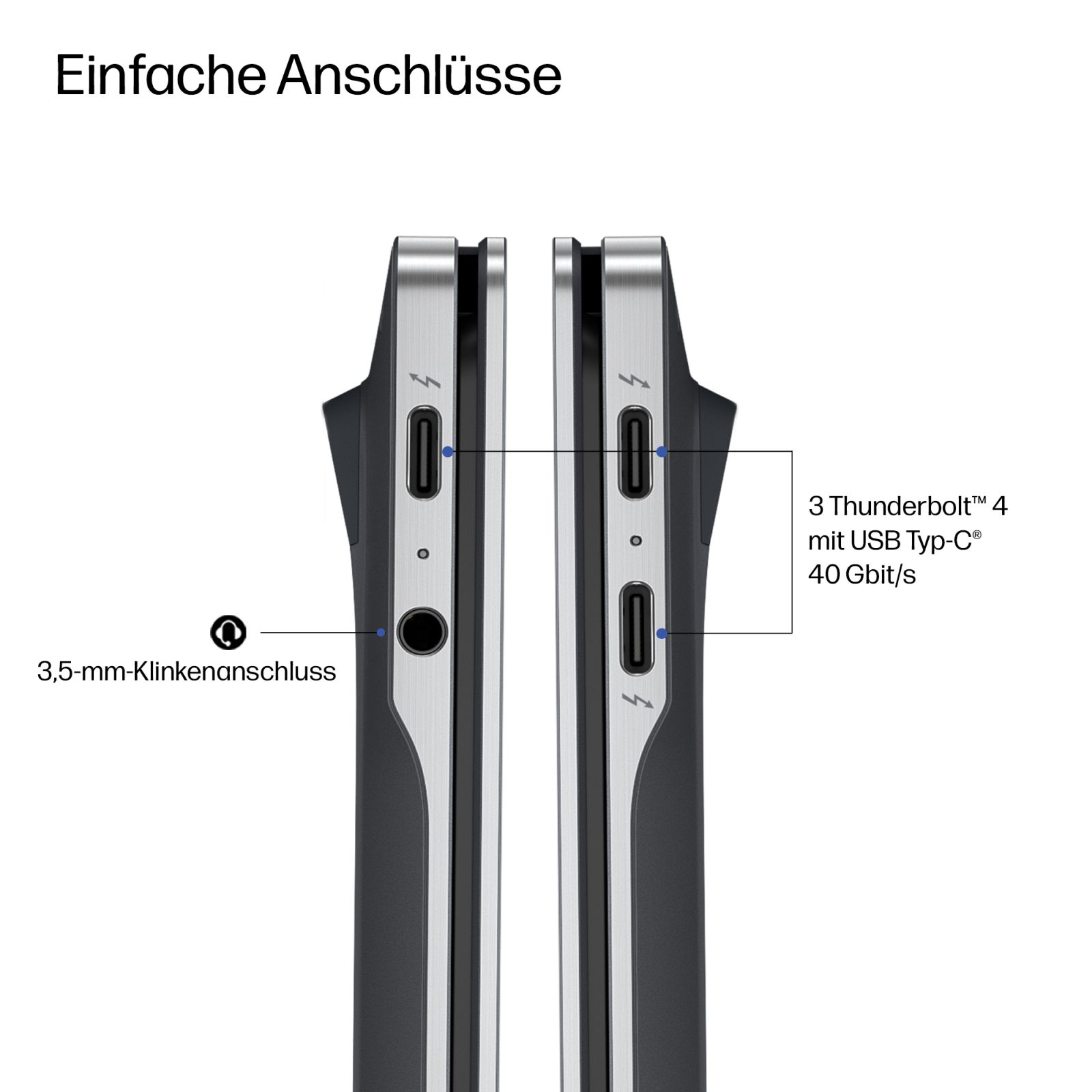 Seitenansicht eines Laptops mit Thunderbolt-4- und 3,5-mm-Anschlüssen sowie deutscher Beschriftung.