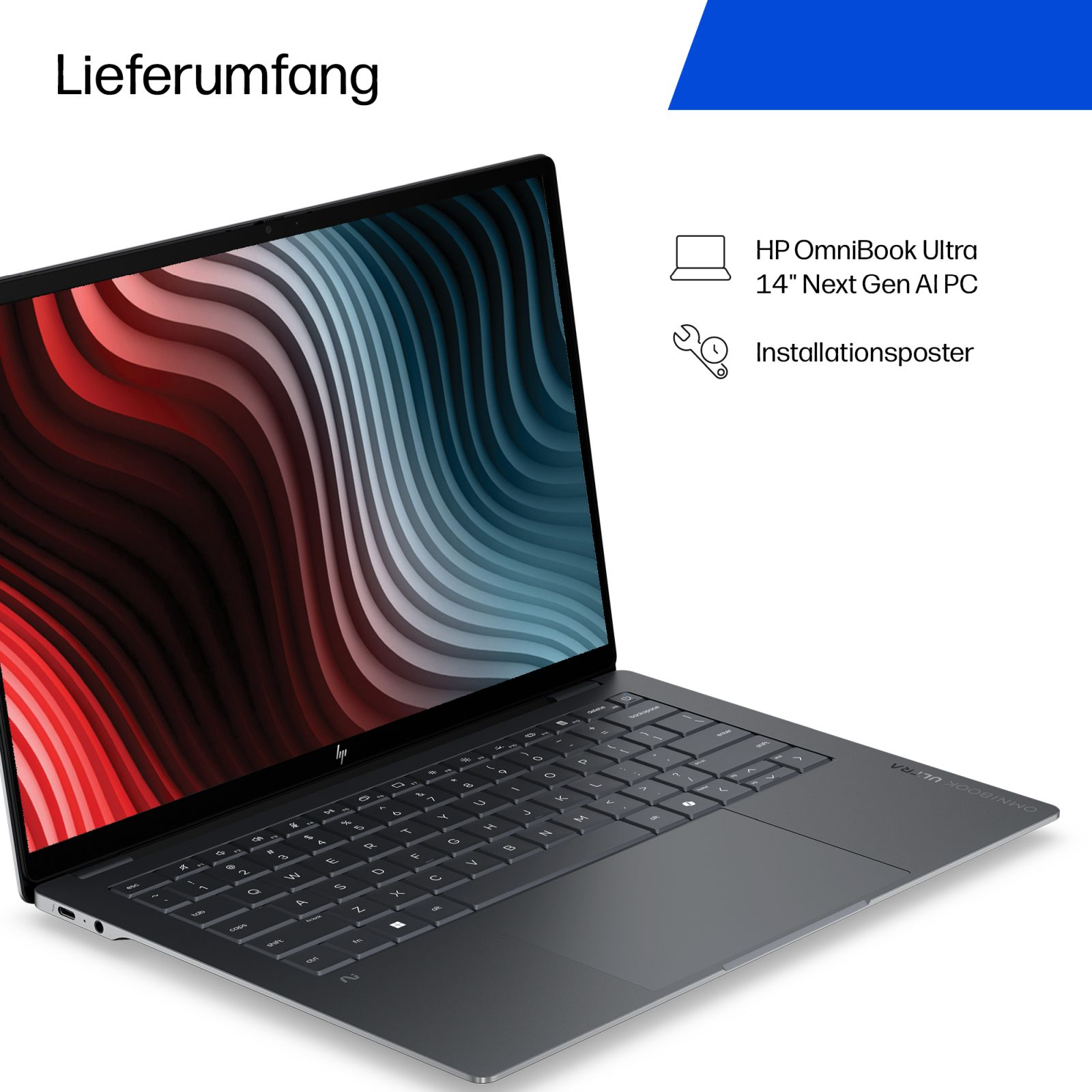 Ein HP OmniBook Ultra Laptop zeigt den Lieferumfang: das Notebook und ein Installationsposter.
