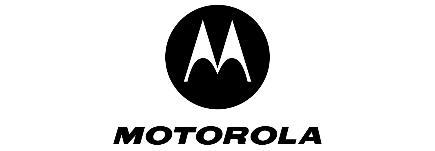 Logo Motorola avec un cercle noir, un symbole M blanc et le texte MOTOROLA en dessous.