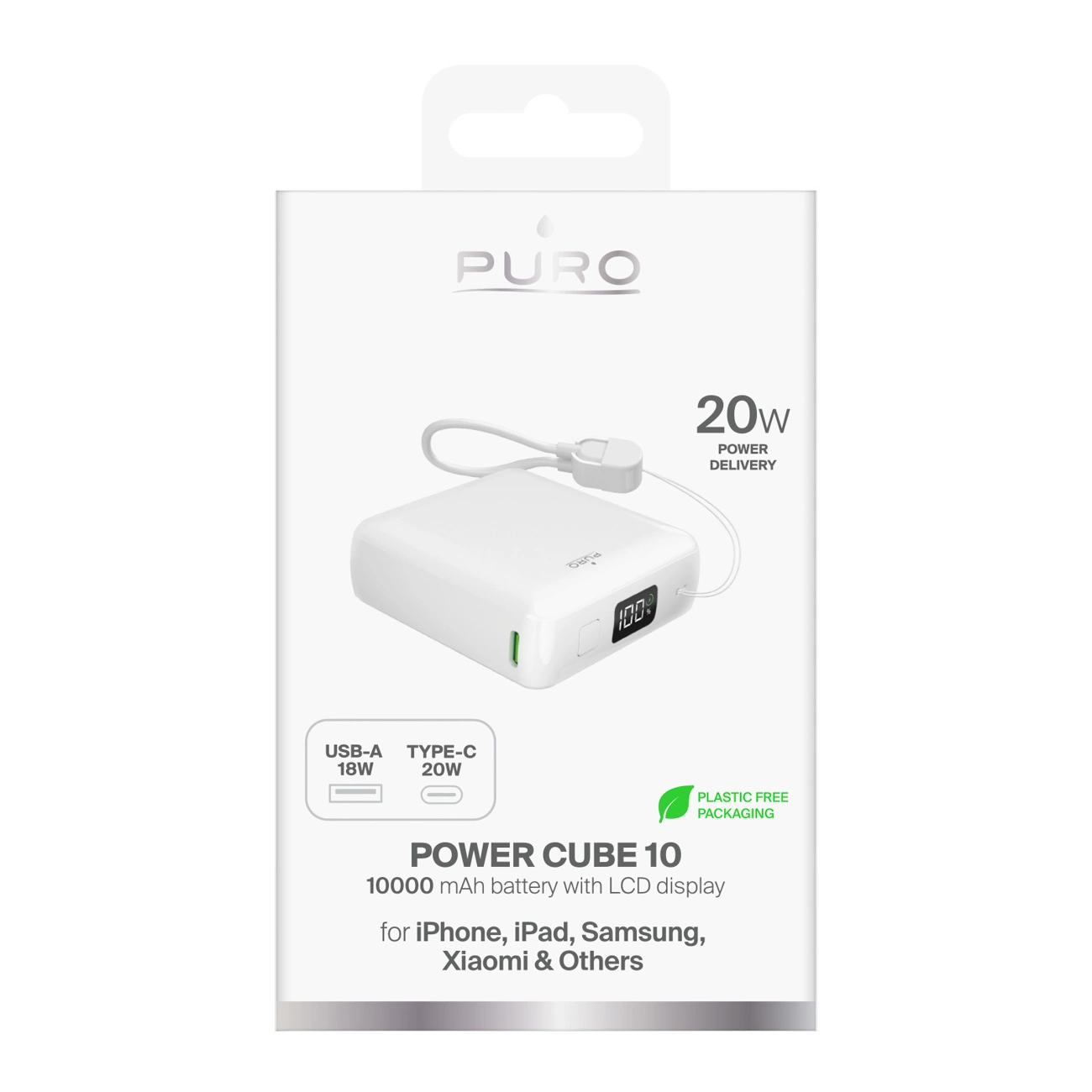 Confezione bianca Puro Power Cube 10 con cavo di ricarica integrato e schermo LCD.