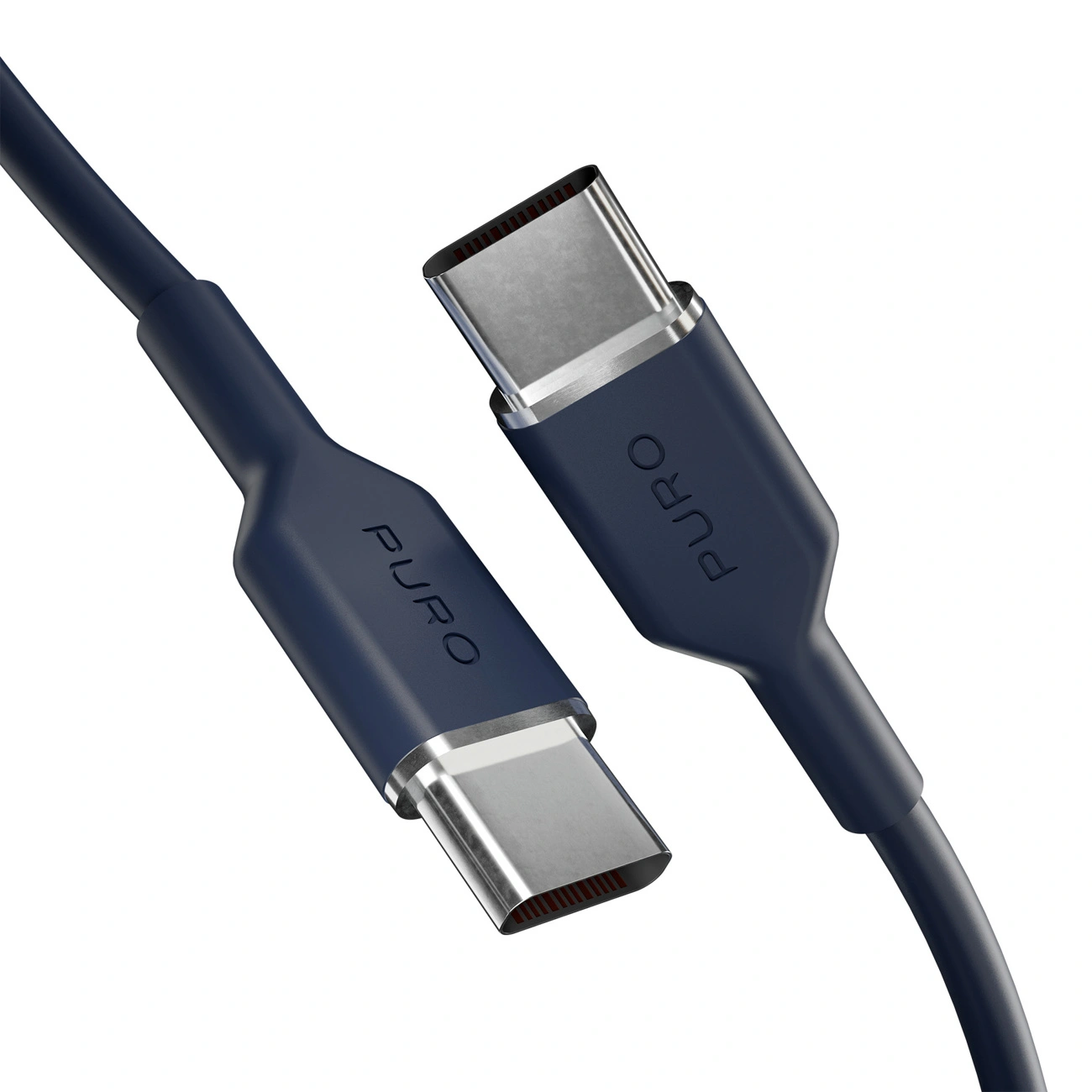 Due cavi USB-C blu scuro con il marchio PURO in rilievo su sfondo bianco.