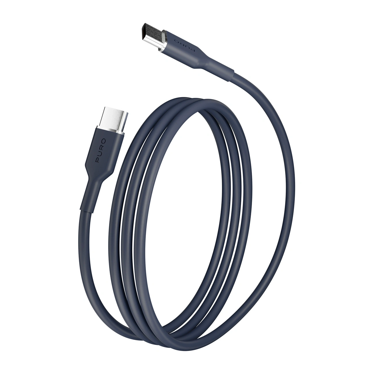 Un cavo USB-C blu è arrotolato su uno sfondo bianco.