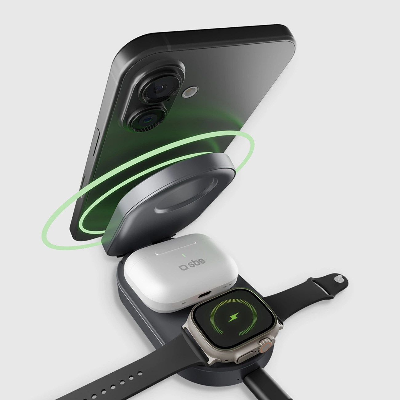 Stazione di ricarica wireless 3 in 1 per smartphone, auricolari e smartwatch.