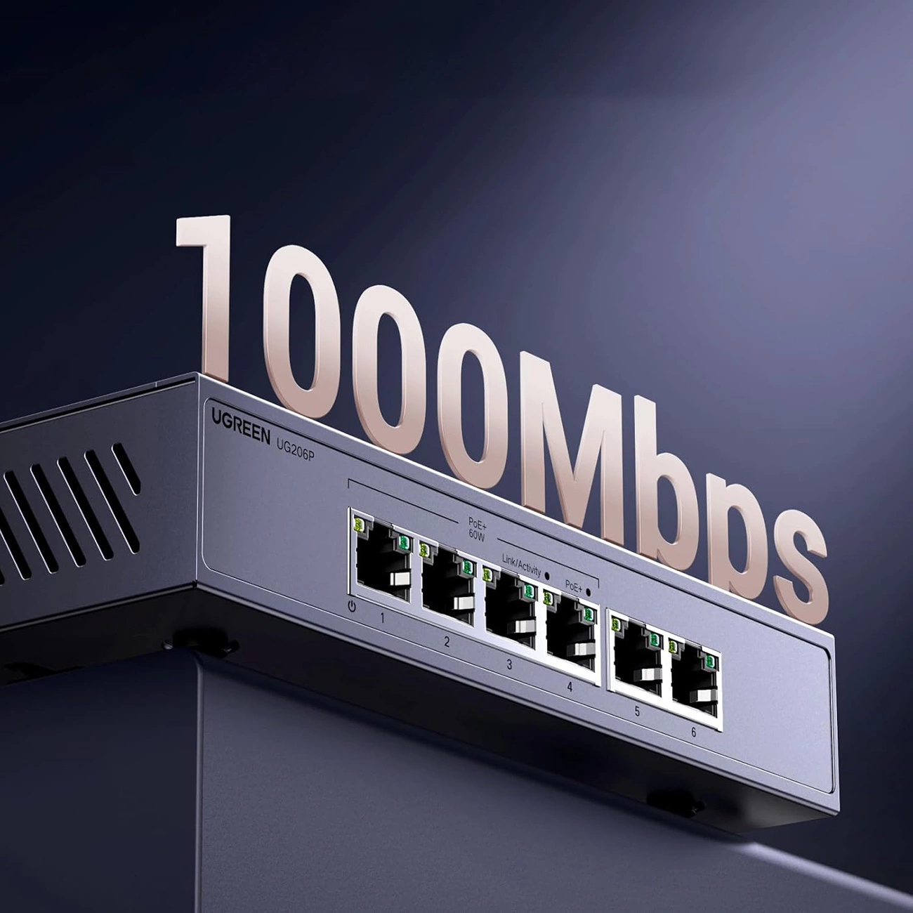 Szary przełącznik sieciowy UGREEN z sześcioma portami i napisem 1000Mbps na górze, na ciemnym tle.