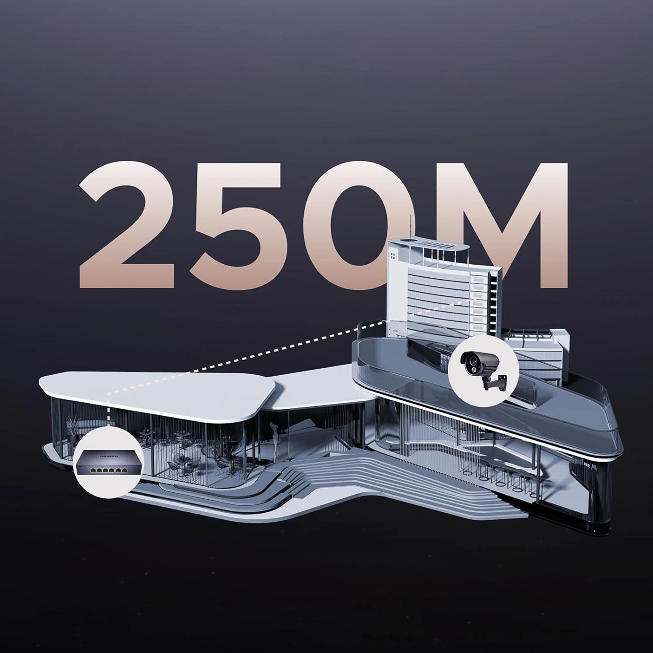 Model nowoczesnego budynku na ciemnym tle z dużym napisem 250M.