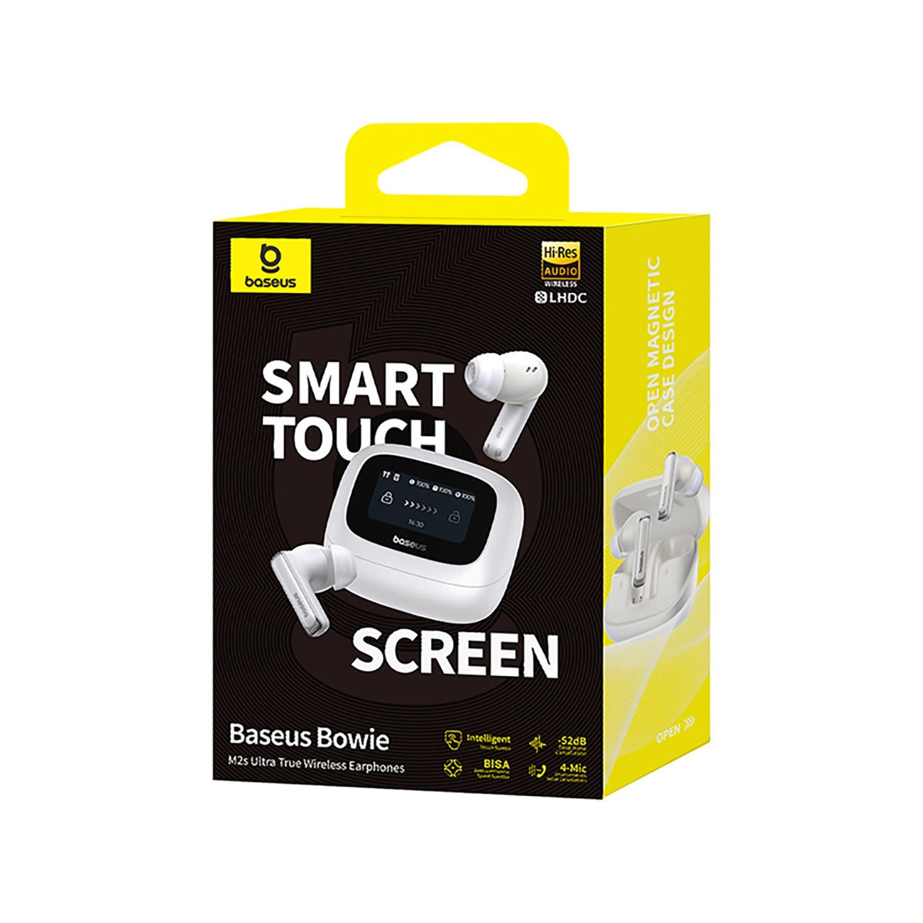 Baseus Bowie M2s Ultra True Wireless Kopfhörer Verpackung mit Ladecase und Touchscreen.