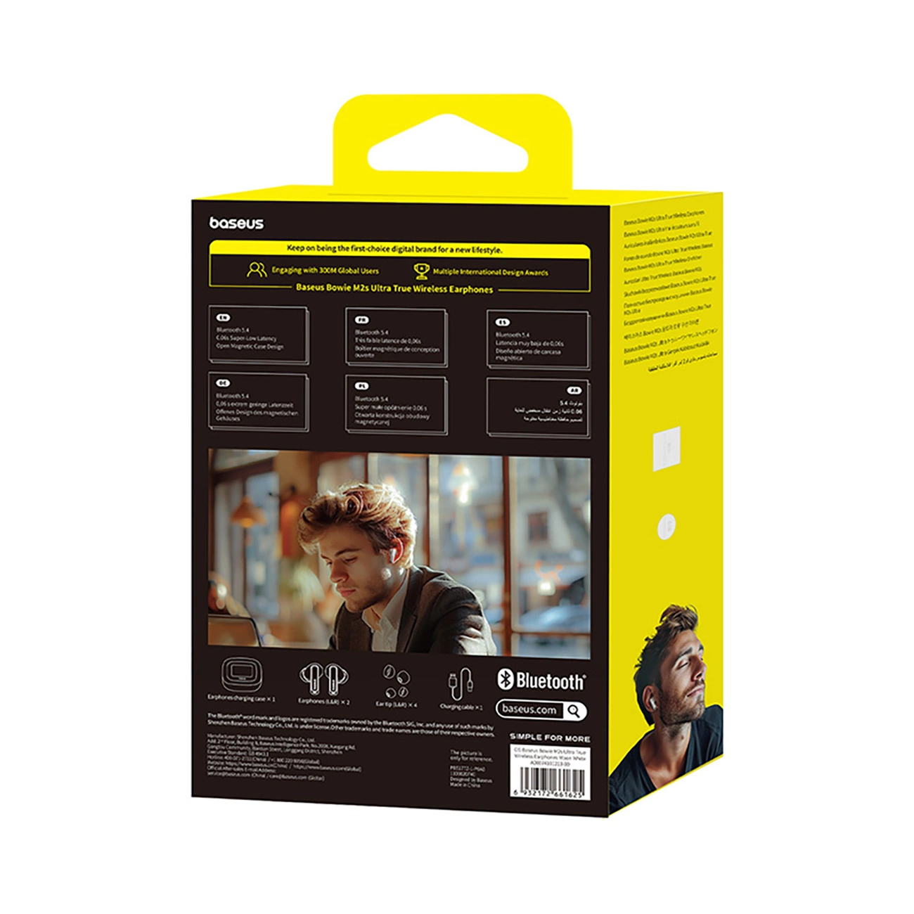 Gelb-schwarze Verpackung von Baseus Bowie M2s True Wireless Earphones mit Produktbildern und Spezifikationen.
