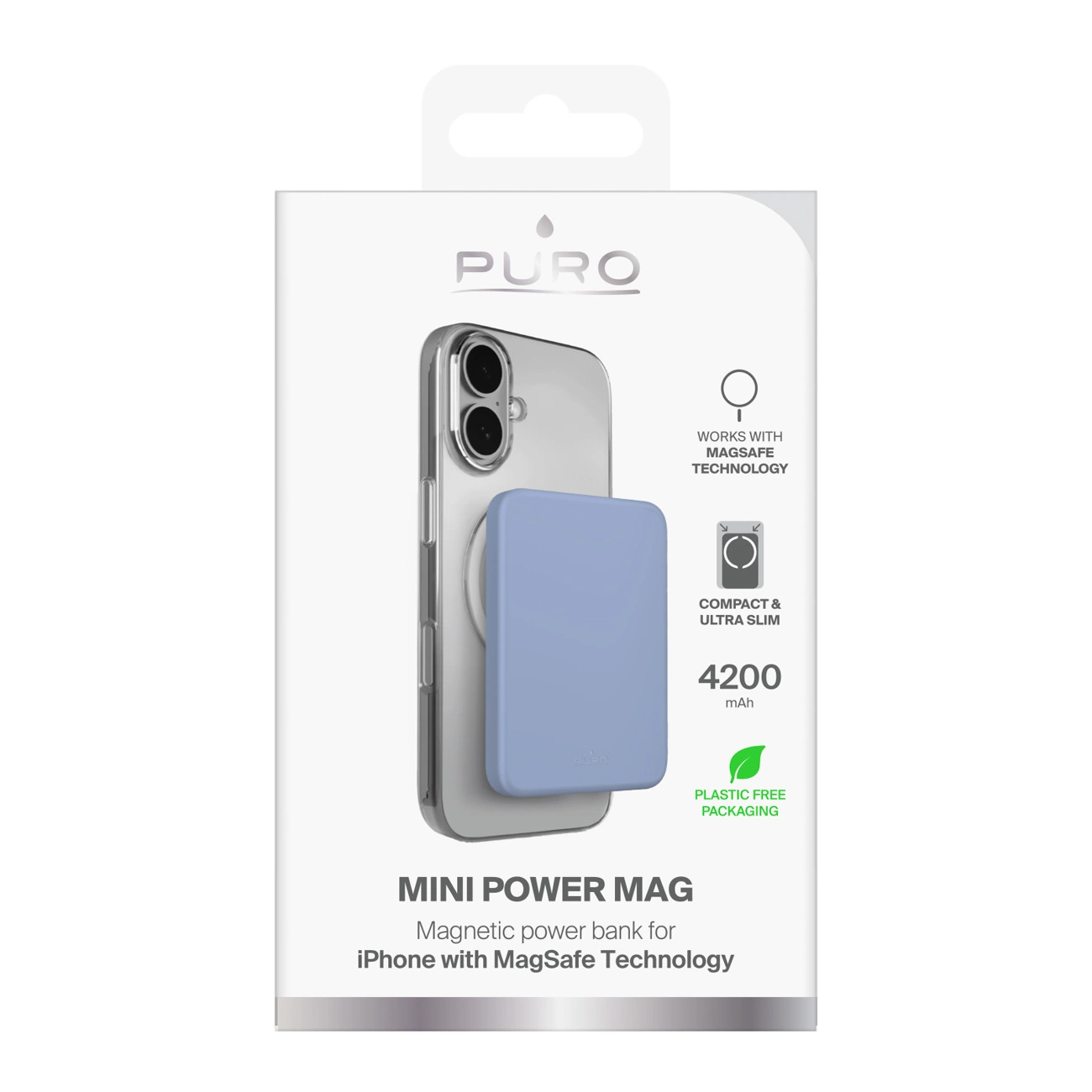 Puro Mini Power Mag en su caja con una batería azul conectada a un teléfono.