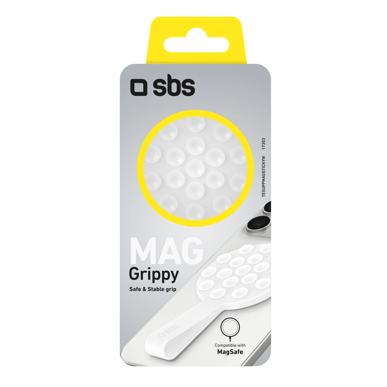 Embalaje del producto SBS Mag Grippy, un soporte magnético de silicona para teléfono con ventosas para un agarre estable.
