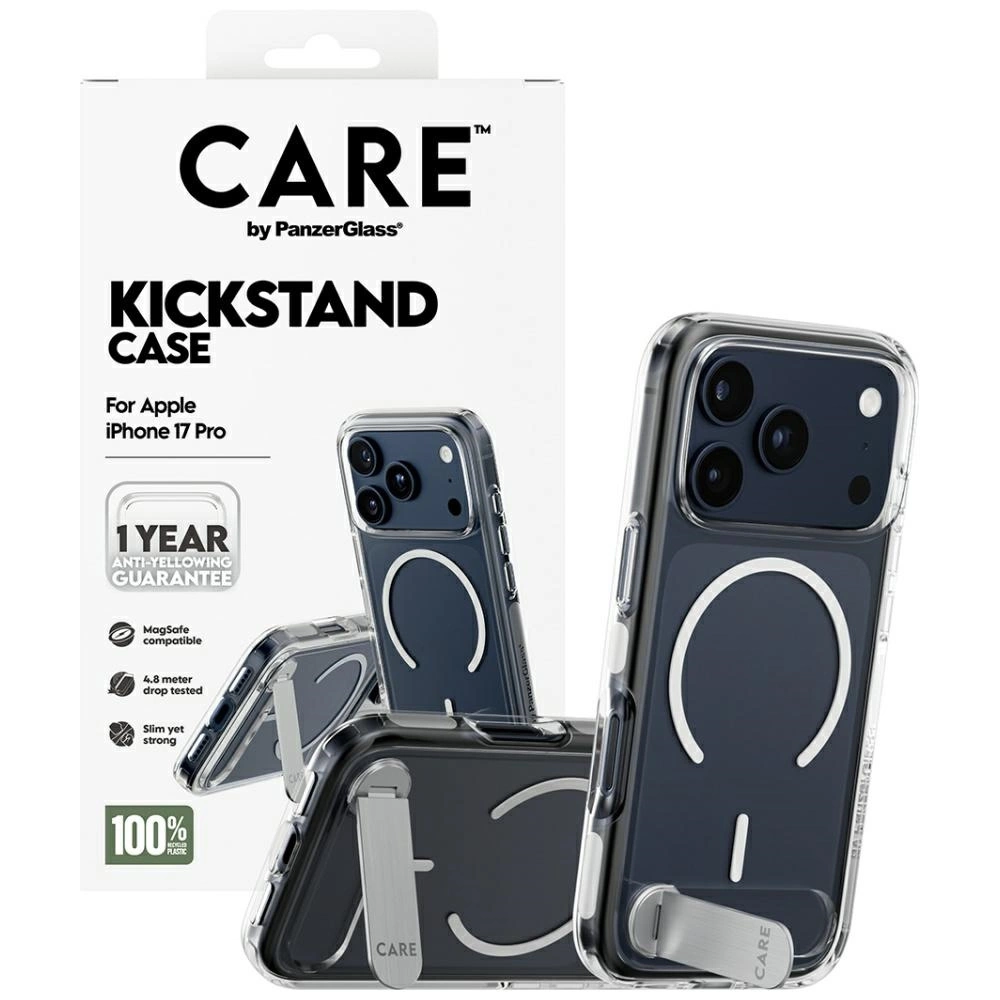 iPhone 17 Pro için CARE by PanzerGlass stantlı kılıf, ambalajıyla birlikte gösteriliyor.