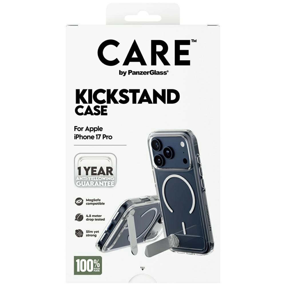 Apple iPhone 17 Pro için CARE by PanzerGlass standlı kılıfın ürün ambalajı, dahili standı gösteriyor.