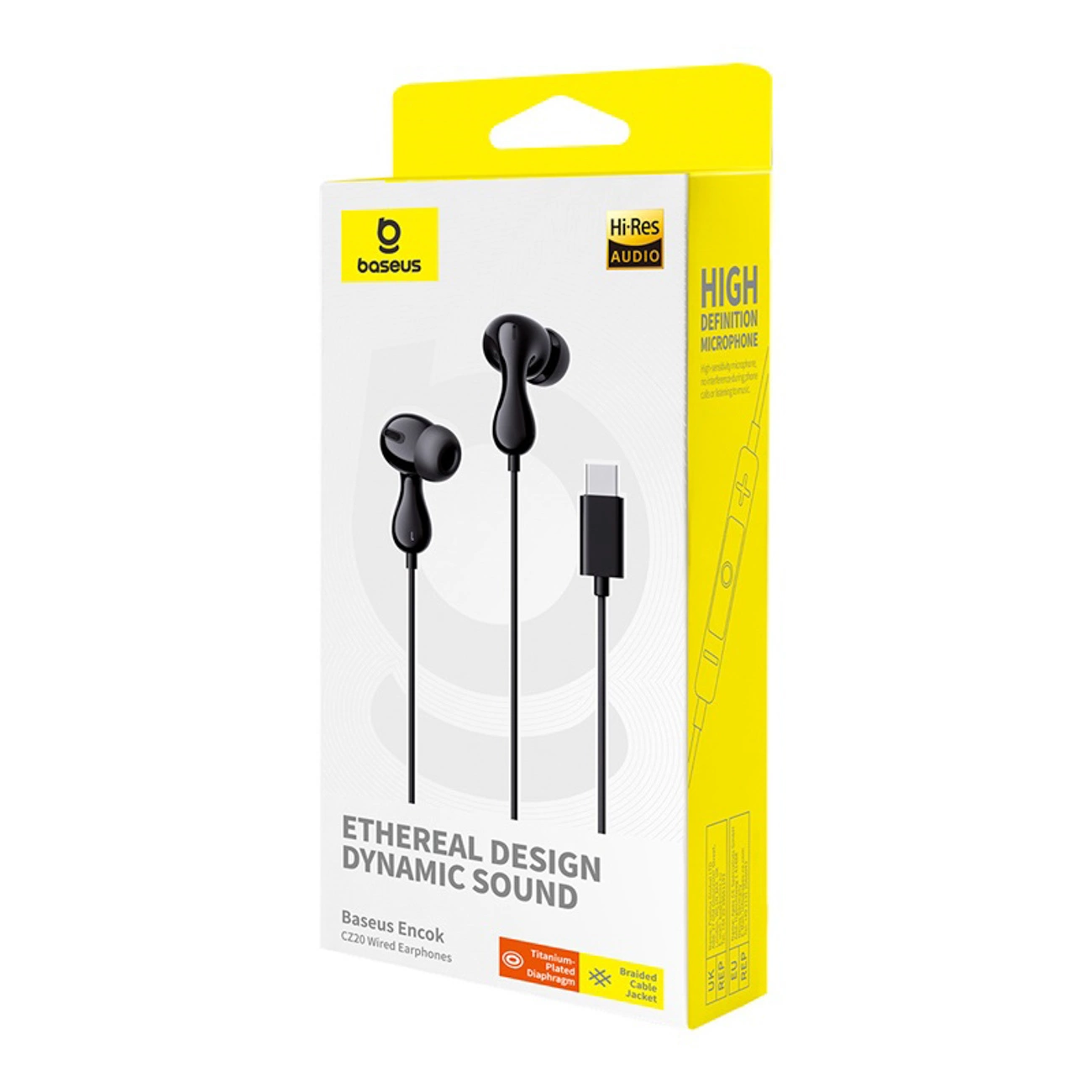 Confezione per auricolari con filo Baseus Encok CZ20 neri con connettore USB-C.
