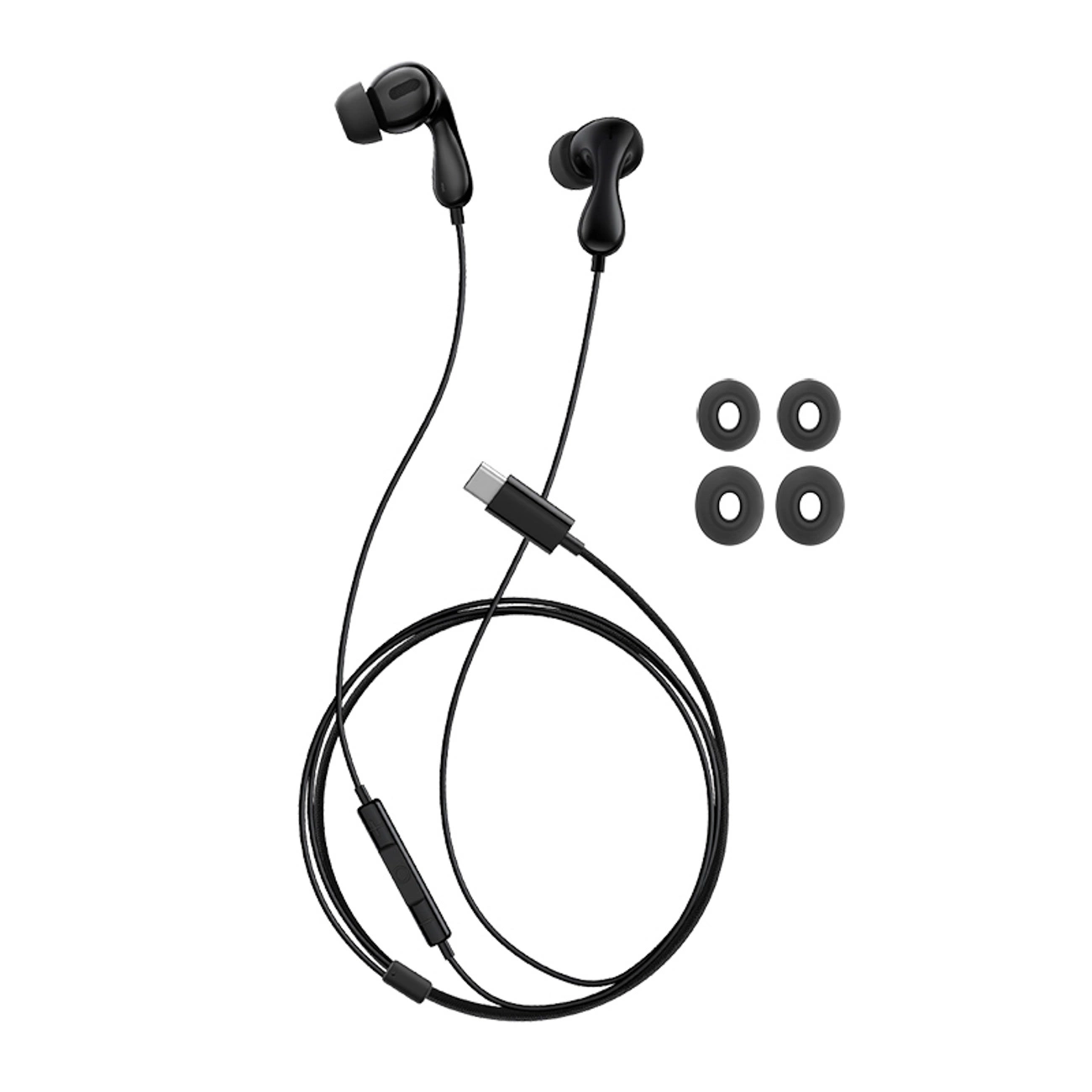 Cuffie in-ear nere con connettore USB-C e quattro cuscinetti auricolari extra su sfondo bianco.