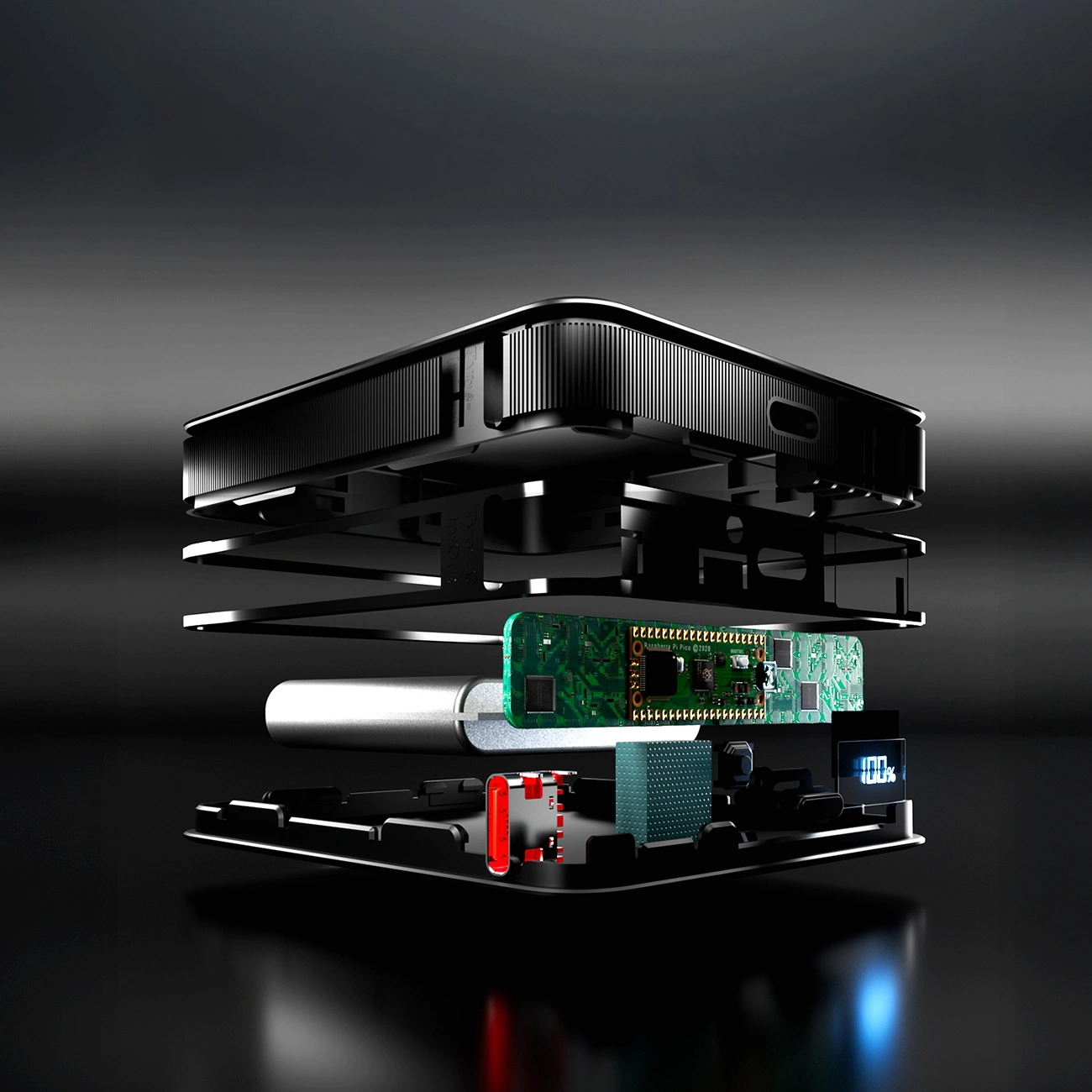 Vista esplosa di un elegante dispositivo elettronico nero che mostra componenti interni come scheda a circuito verde e batteria.