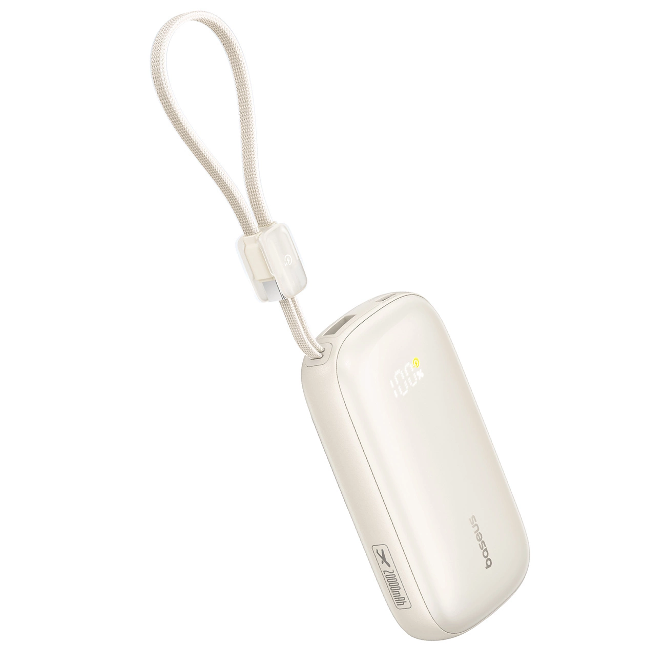 Un power bank beige con cavo di ricarica integrato a cappio e display digitale della percentuale.