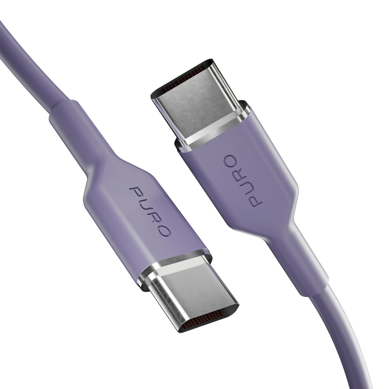 Primo piano di due cavi USB-C viola con connettori argentati e il marchio Puro in rilievo, su sfondo bianco.