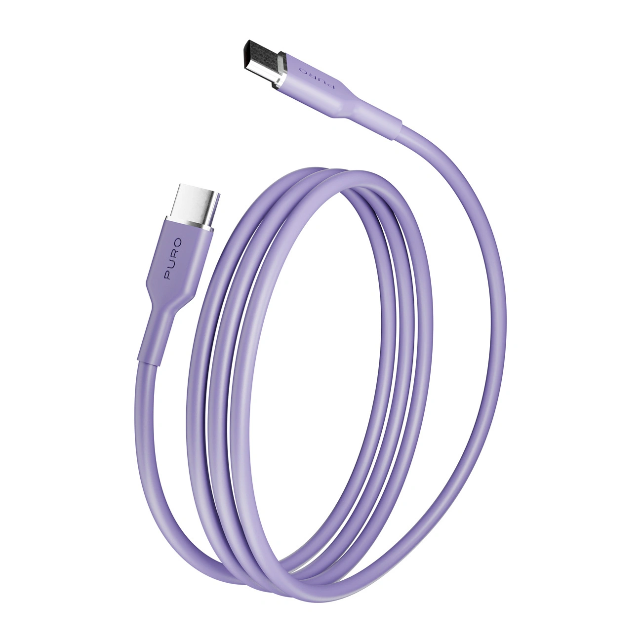 Un cavo da USB-C a USB-C viola con connettori argentati, ordinatamente arrotolato su sfondo bianco.
