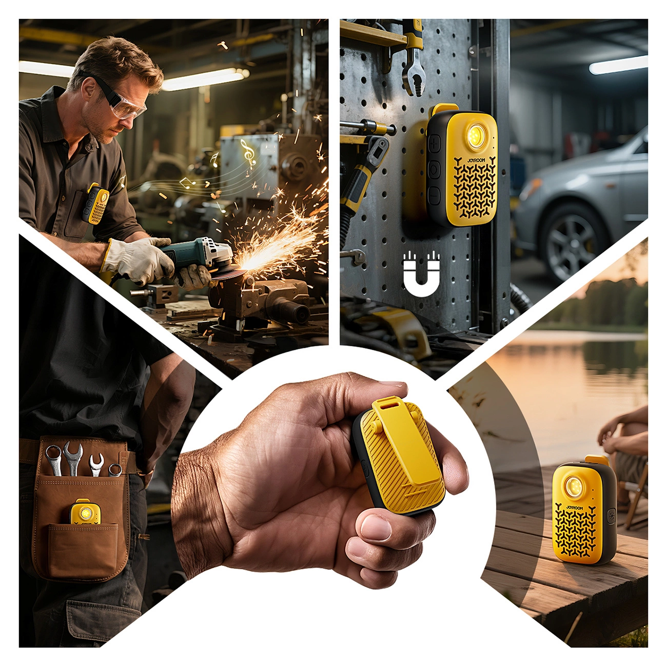 Un collage che mostra un altoparlante giallo con clip in uso durante il lavoro e all'aperto.