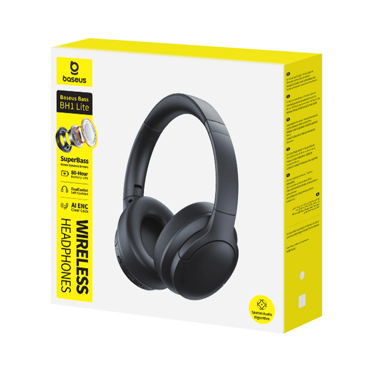 Una scatola di prodotti bianca e gialla per cuffie wireless Baseus, che mostra le cuffie nere sul davanti.