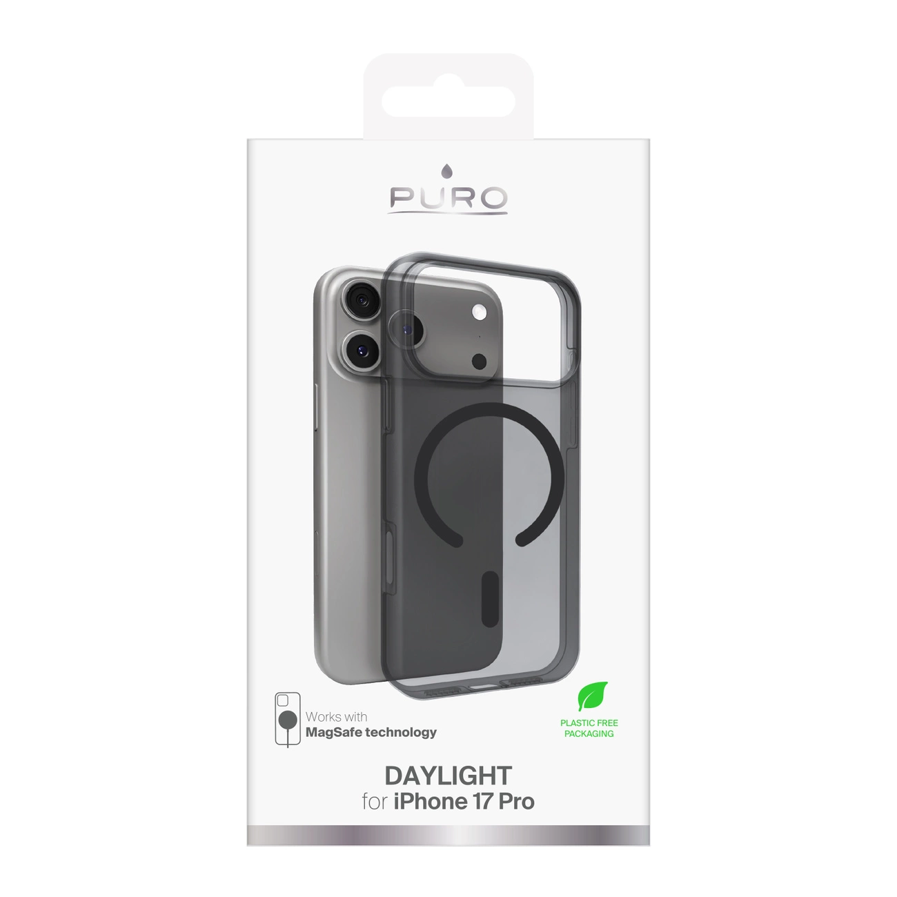 Funda Puro Daylight para iPhone 17 Pro en envase sin plástico.