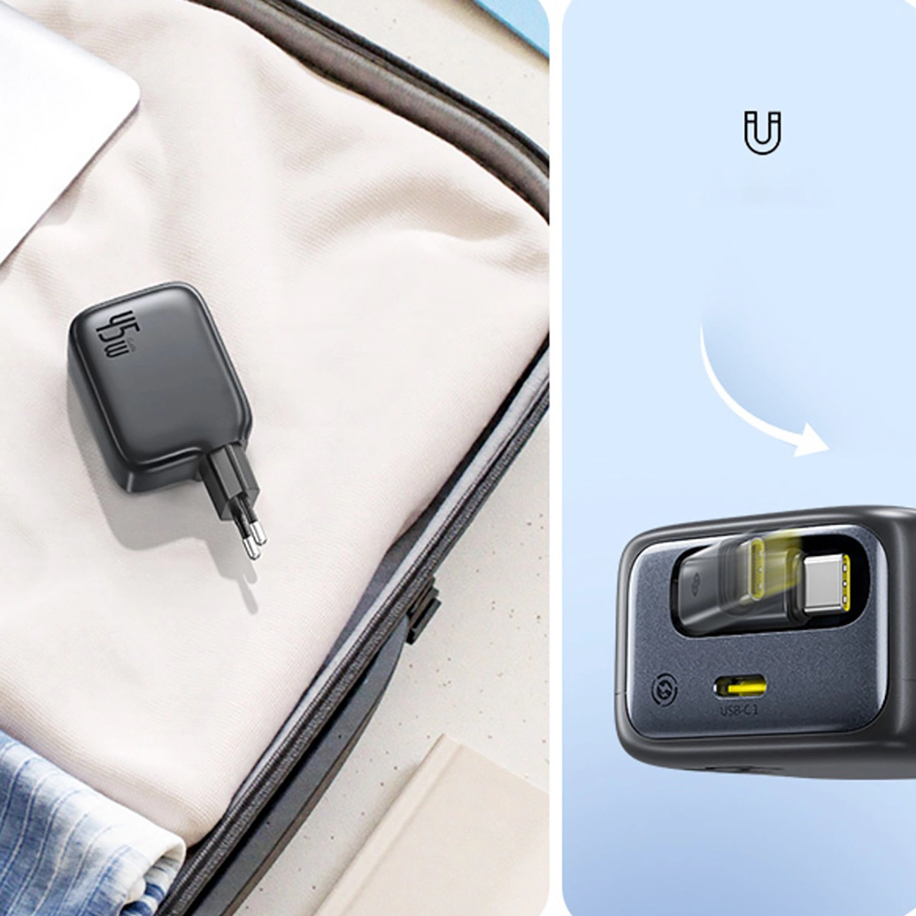 Un caricabatterie nero da 45W su una borsa; accanto, connessione magnetica della spina USB-C.