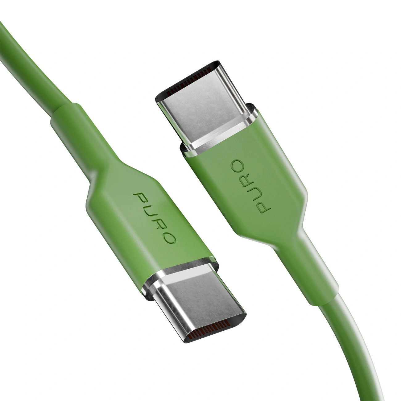 Due cavi USB-C verdi della Puro con connettori argentati su sfondo bianco.
