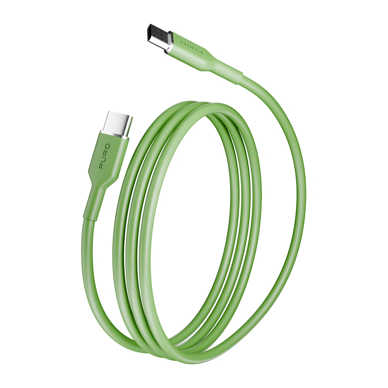 Un cavo USB-C verde arrotolato con connettori metallici su sfondo bianco.