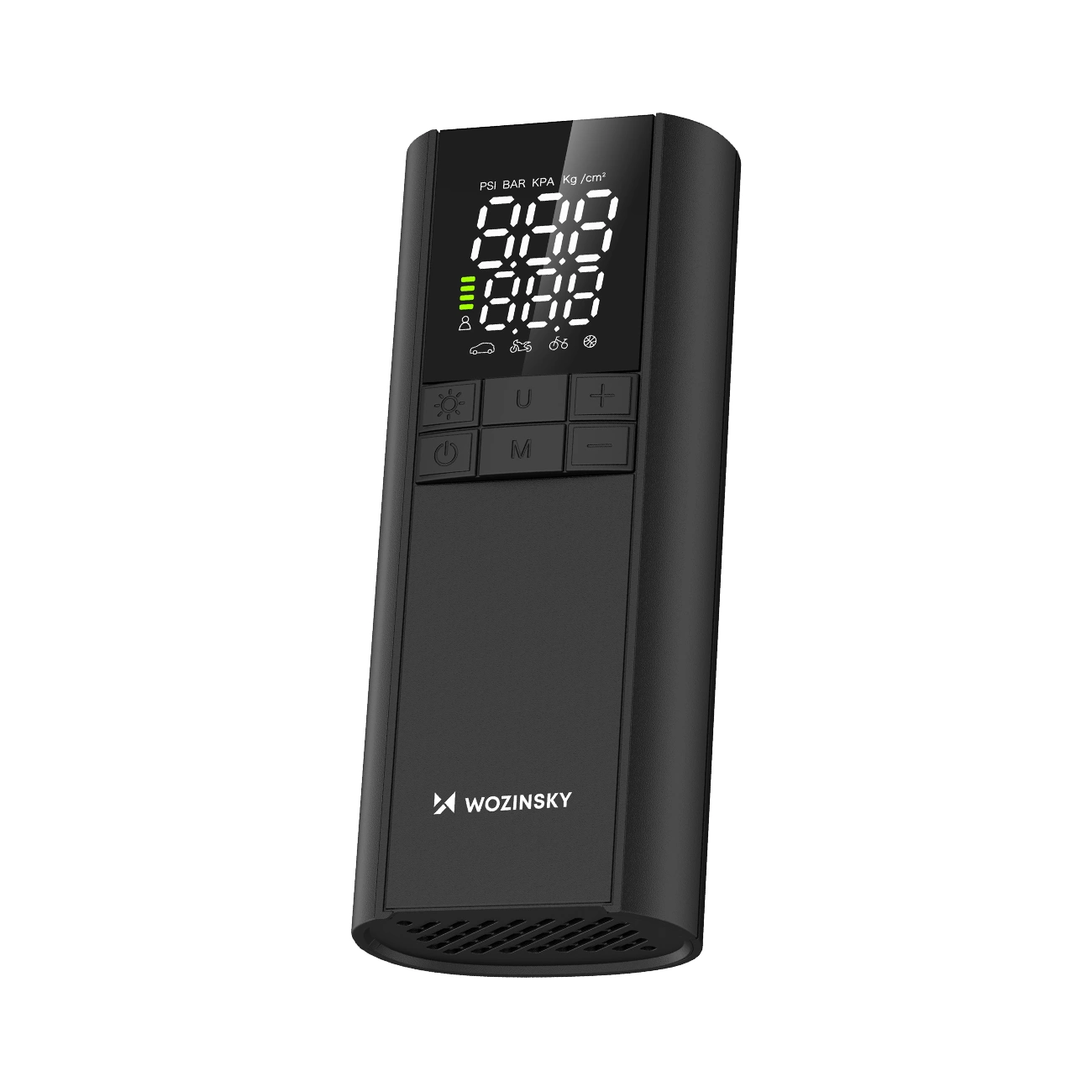 Schwarze digitale Luftpumpe von Wozinsky mit LED-Display und Bedientasten.