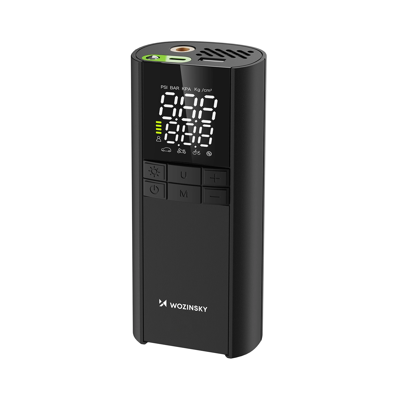 Schwarze, tragbare Luftpumpe von Wozinsky mit digitalem Display und Bedienknöpfen.