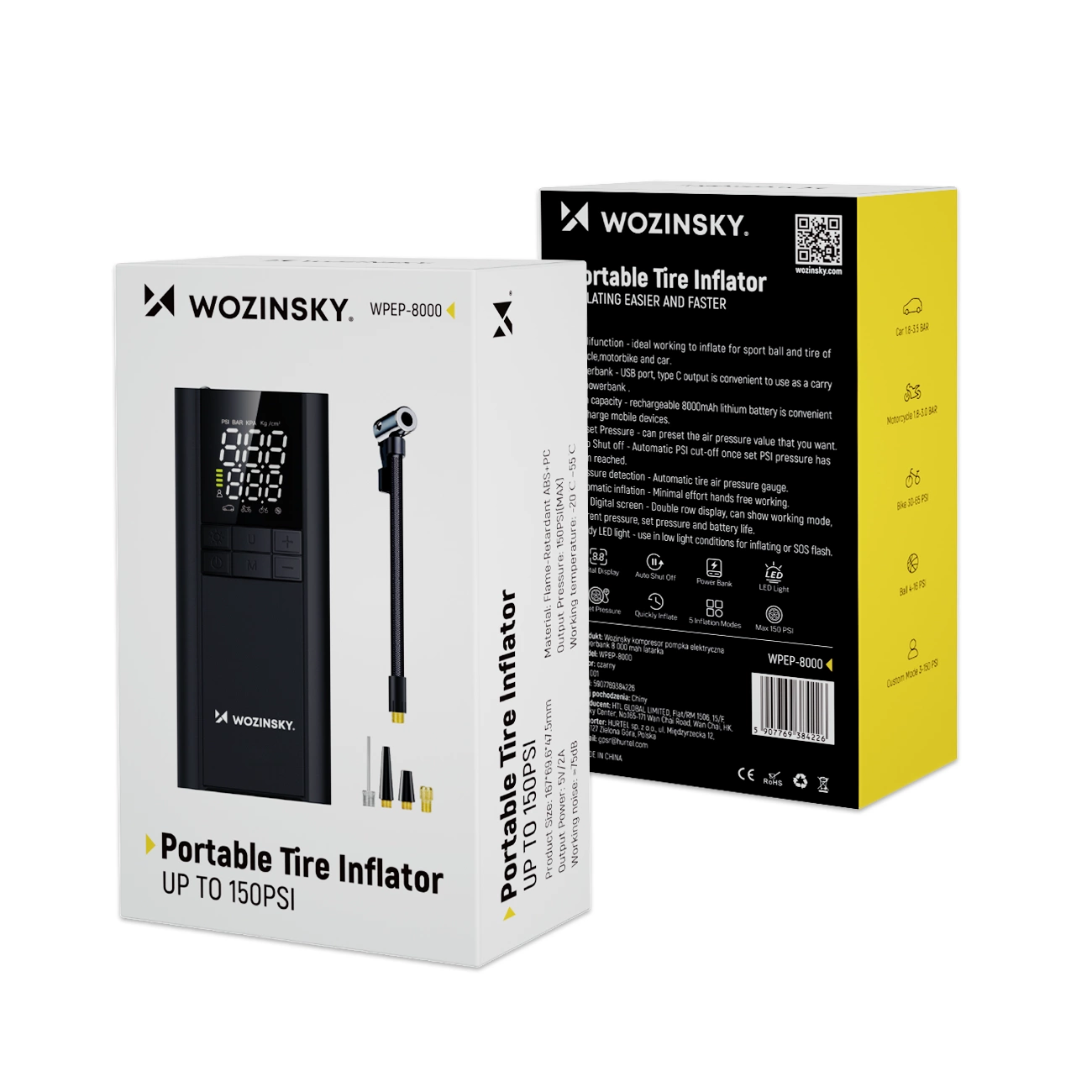 Wozinsky Portable Tire Inflator WPEP-8000 in weiß-schwarzer Verpackung mit Produktbild und Zubehör.