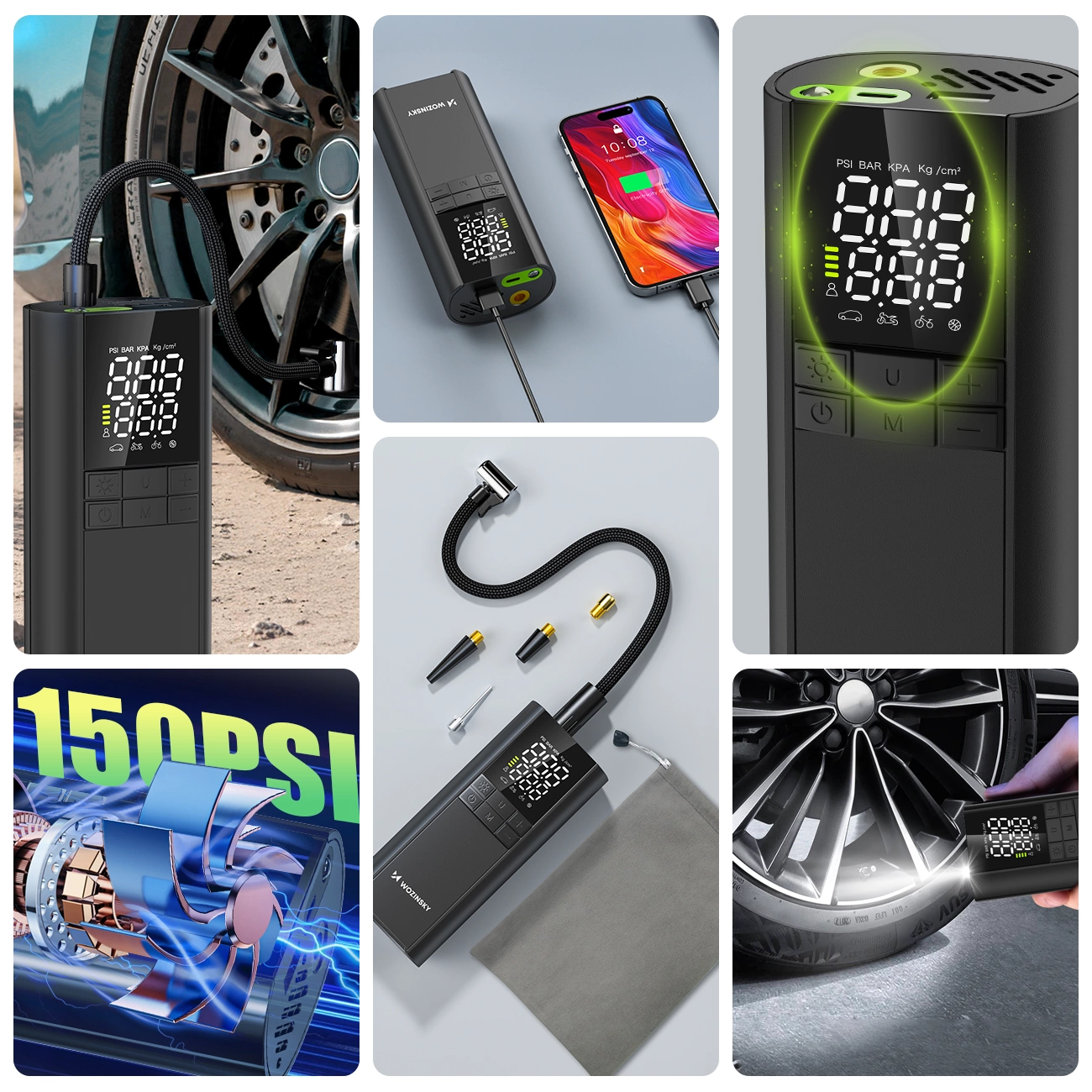 Tragbare elektrische Luftpumpe mit Digitaldisplay, Düsen und Zubehör zum Aufpumpen von Autoreifen und Geräten.