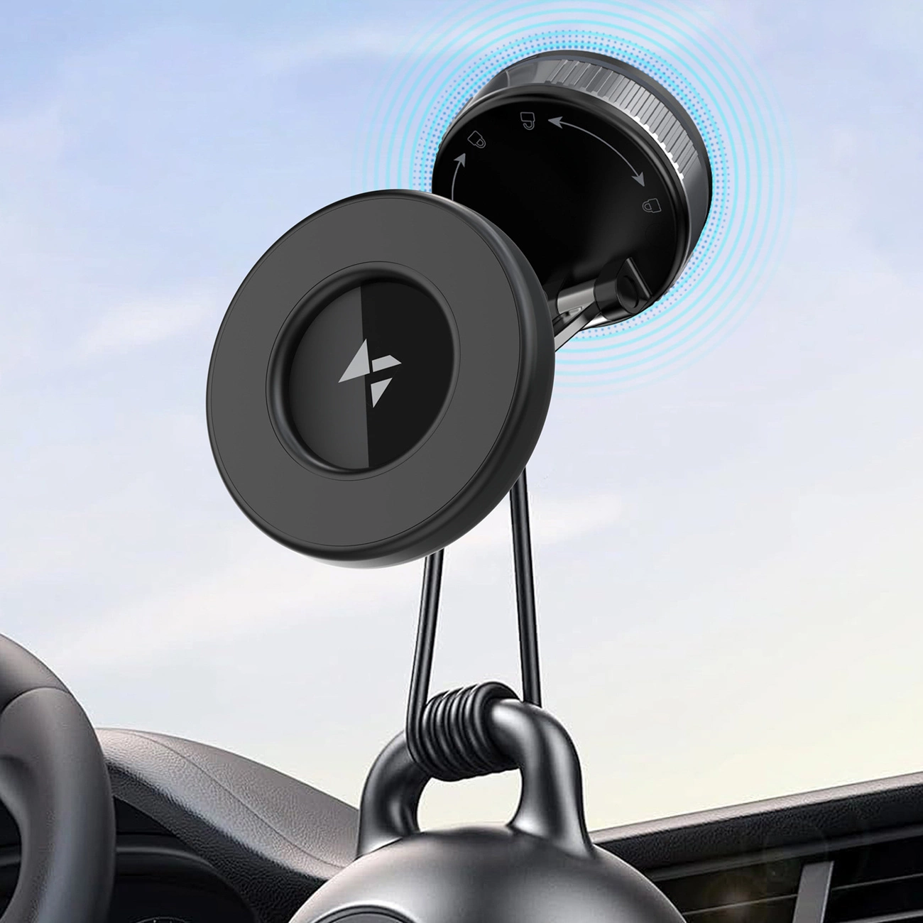 Supporto magnetico per auto con base a ventosa e gancio su un cruscotto.