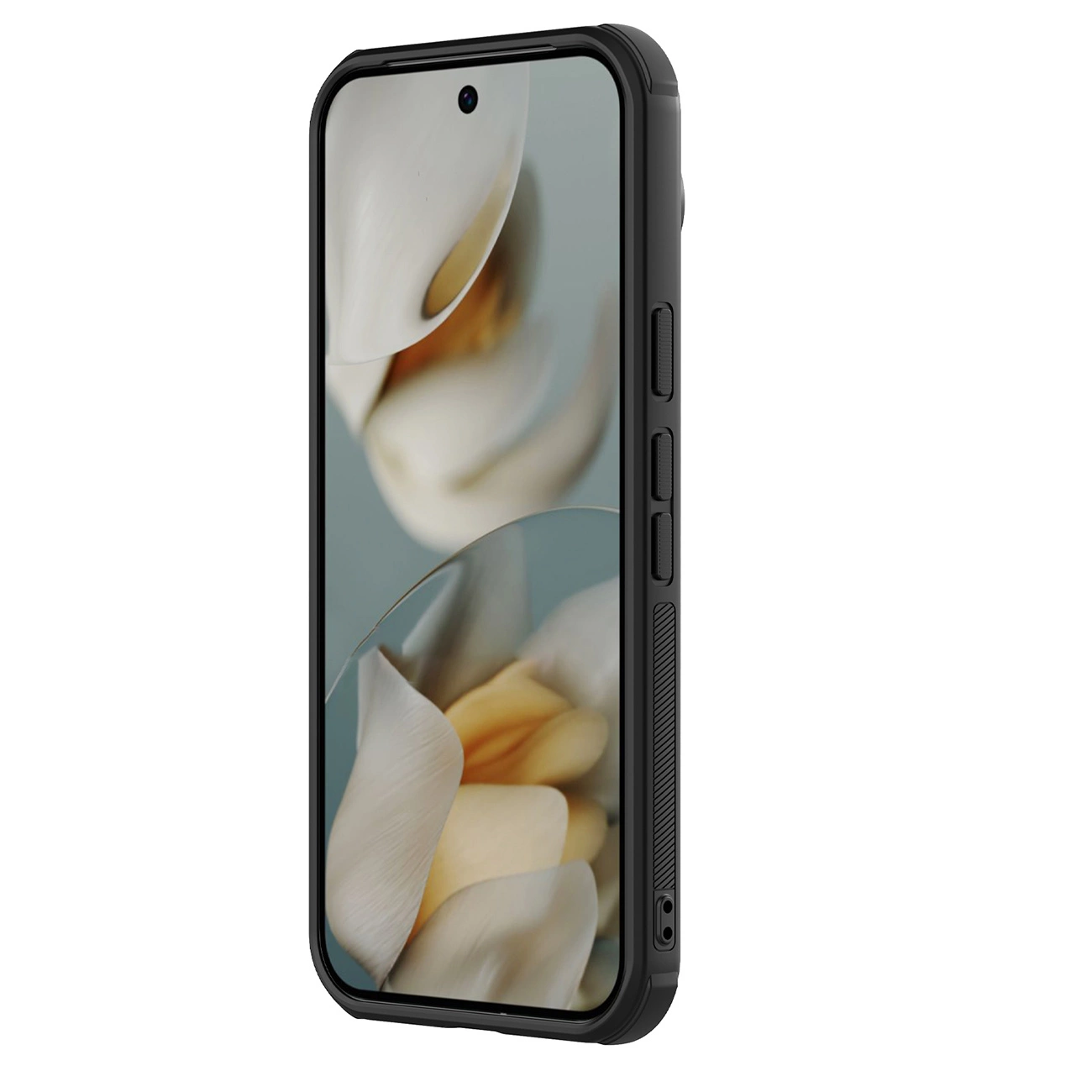 Ein schwarzes Smartphone in einer Schutzhülle zeigt ein Blümchen-Hintergrundbild.