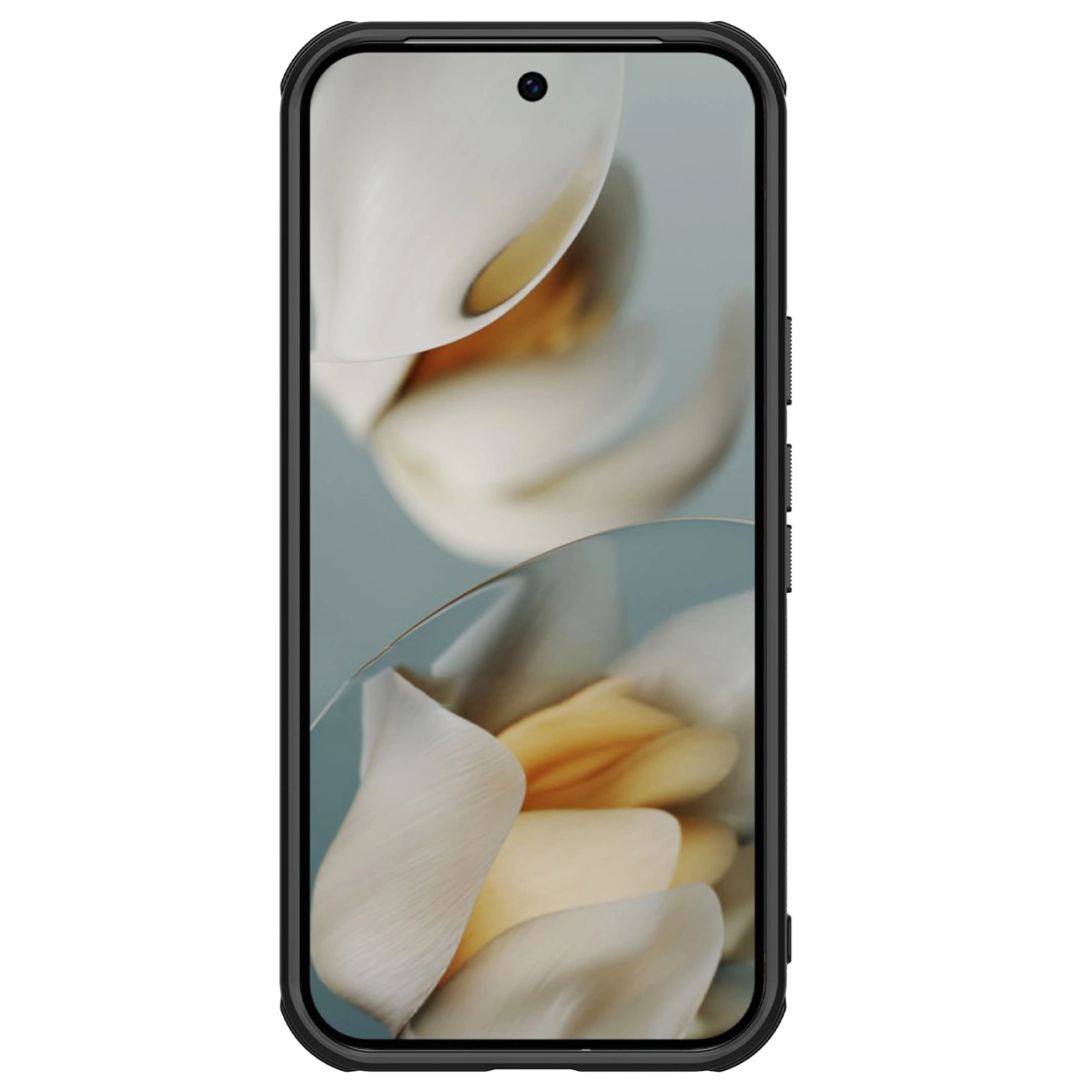 Ein schwarzes Smartphone mit abgerundeten Ecken zeigt ein Bildschirmfoto von weißen Blumenblättern.