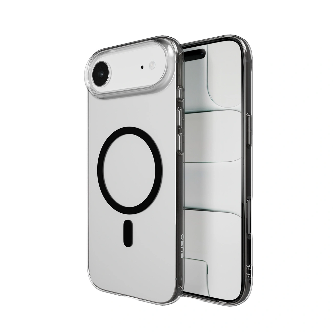 Uno smartphone in una custodia protettiva trasparente con un anello MagSafe nero.