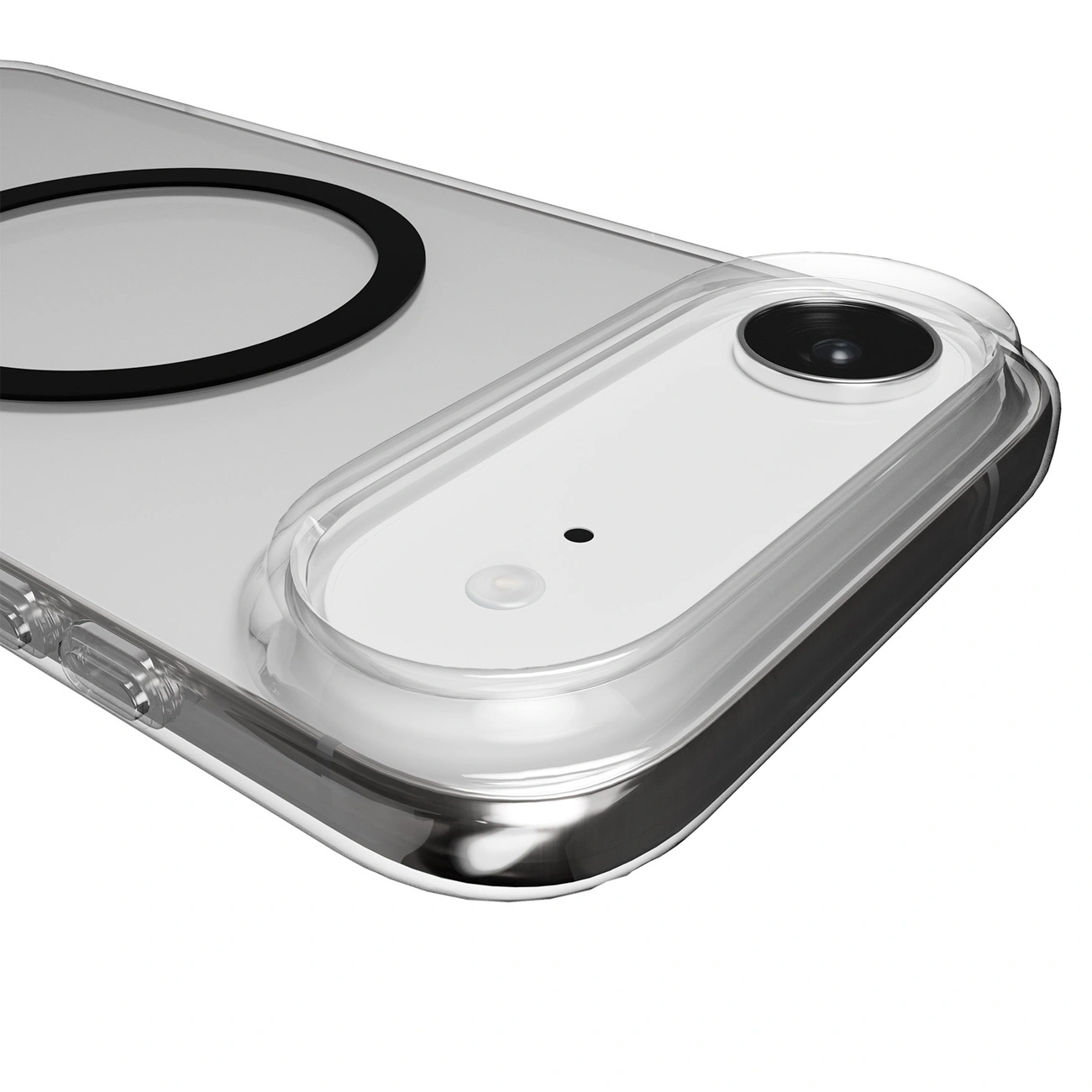Custodia per cellulare bianca e compatta con obiettivo della fotocamera nero e anello magnetico.
